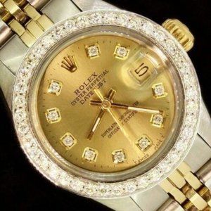 Rolex Lady Datejust Oyster Stainless Gold Diamond Dial Bezel Watch